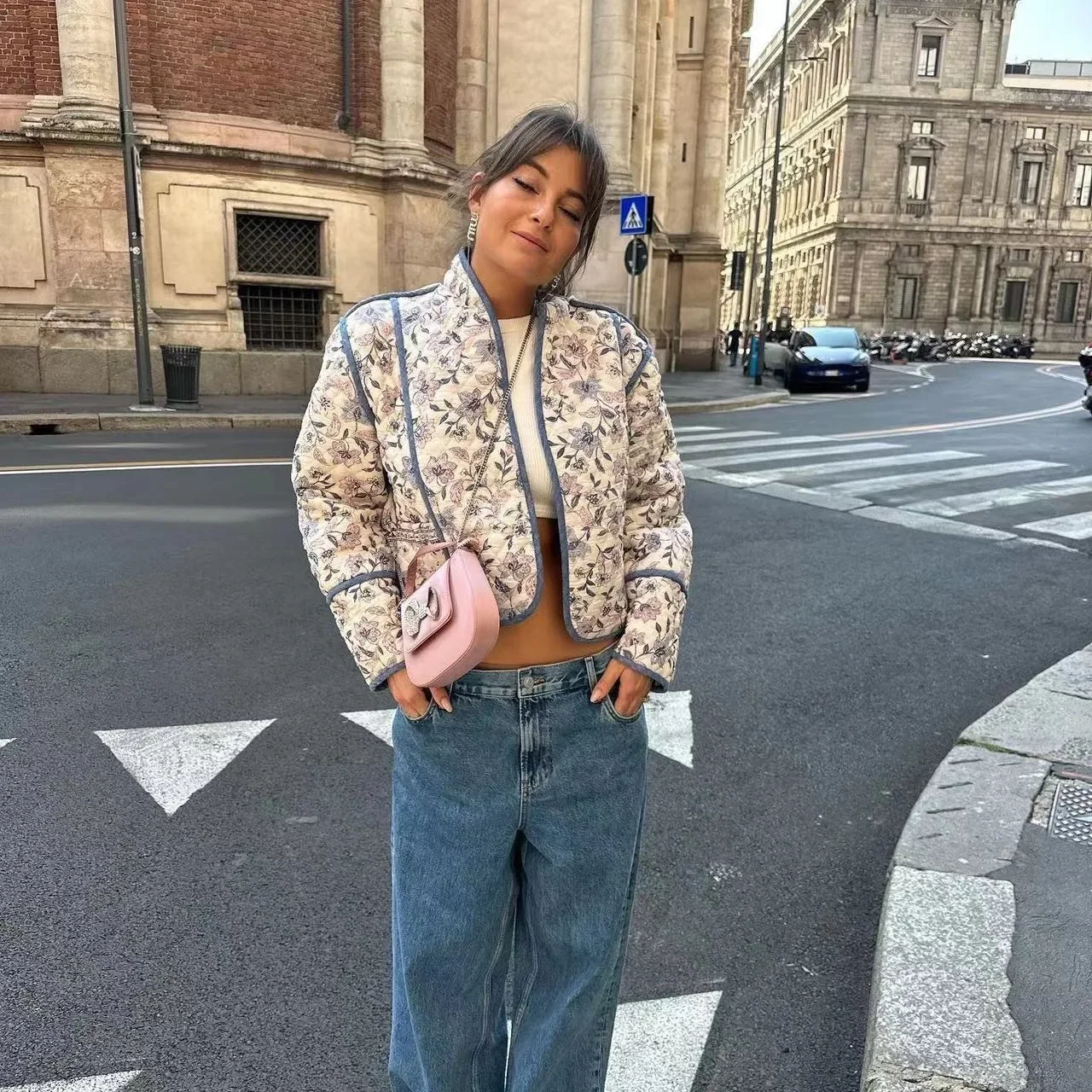 

Spliced Printed Cardigan Cotton Coat Autumn/winter New Arrival No Button Cotton-padded Top Fashionable French Style