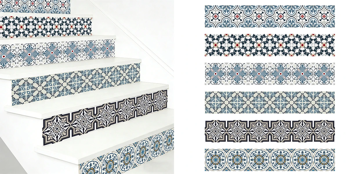 Retro Mediterranean Tile Stair Stickers Waterproof Peel and Stick Stair Decals Removable Staircase Wallpaper for Home Renovation