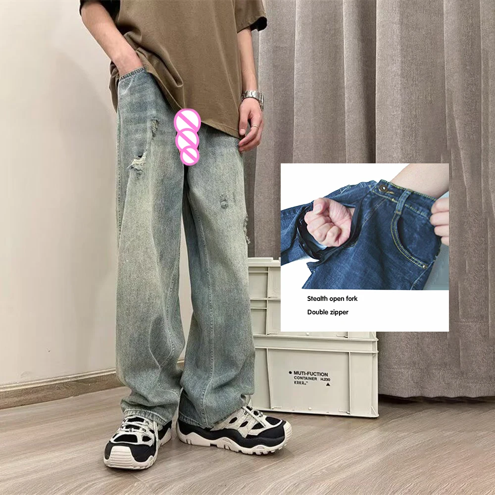 

Невидимые джинсы с открытой промежностью для уличного секса, микроэластичные джинсы, мужские летние рваные джинсовые брюки, прямые модные потертые джинсовые брюки со средней талией