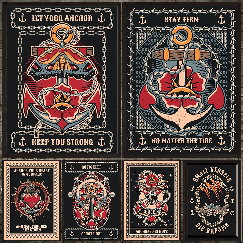 

Small Vessels,Big Dreams,Skull Anchor Tattoo Design Wall Art Canvas Painting,Inspiring Words Abstract Art Poster Print Decor