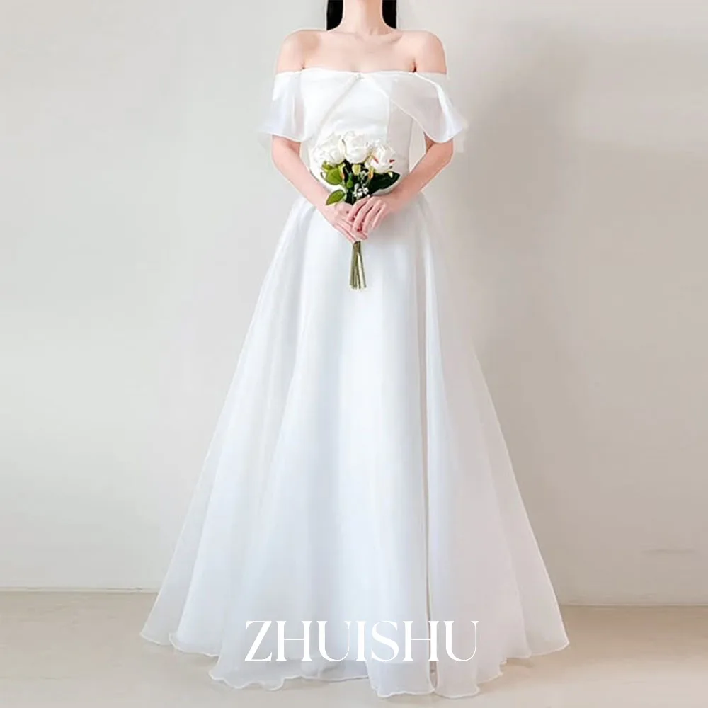 ZHUISHU カスタムメイド ボートネック シルクオーガンザ 韓国風ウェディングドレス フェアリーAライン ブライダルウェディングフォトシュートガウン セルフウェディングドレス