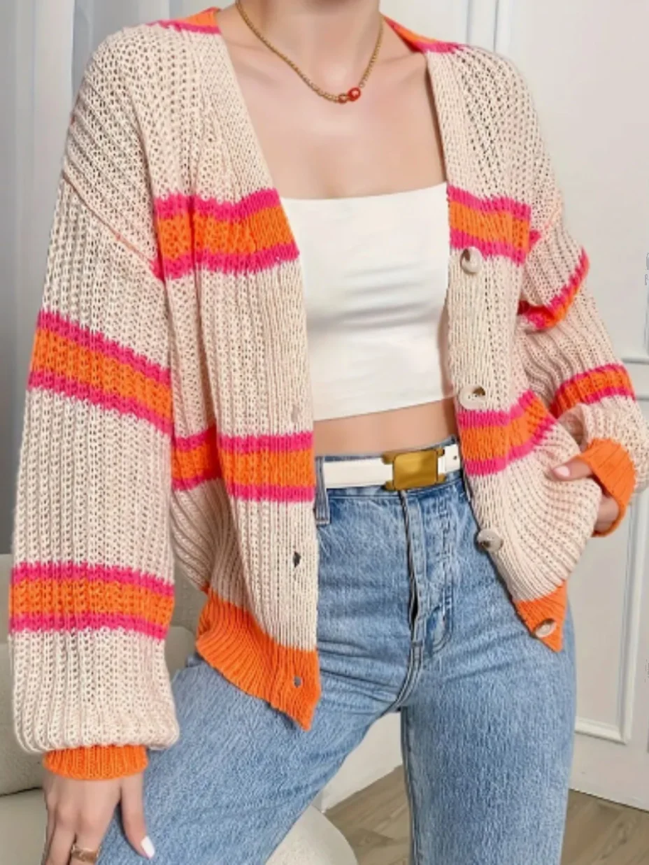 Cardigan lavorato a maglia a contrasto a righe albicocca da donna anni '90 elegante francese Y2k anni 2000 autunno e inverno nuova giacca ampia e versatile