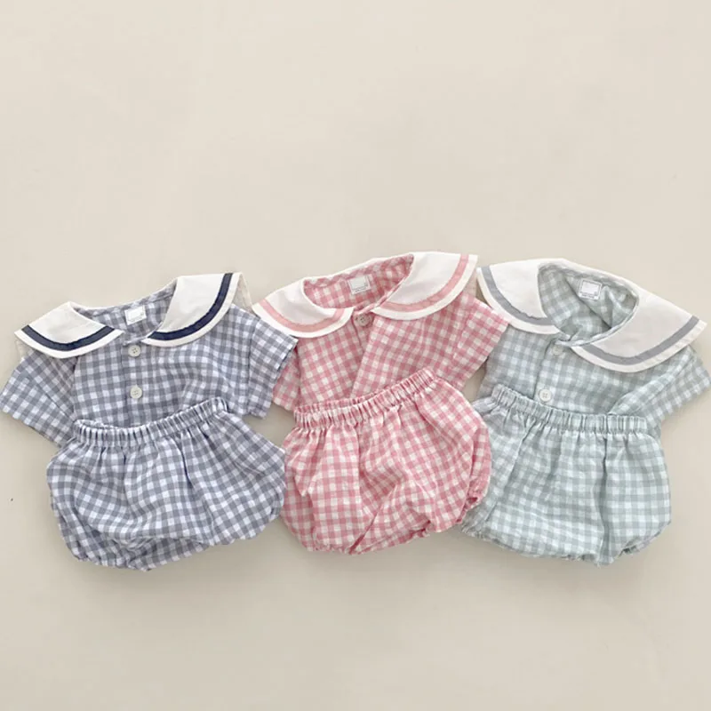 

Newborn Baby Clothes Summer Girls Casual Love Plaid Short-Sleeved T-shirt Suit Kids Girl Baby Summer Cotton Shorts Suit 0-24M