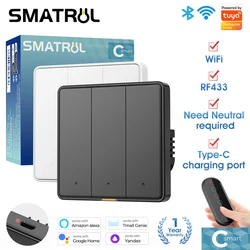 SMATRUL Tuya Smart Switch Interruttore a pulsante luce da parete UE 110-250v WIFI RF433 TypeC Cavo neutro Temporizzazione App vocale Alexa, Google Home