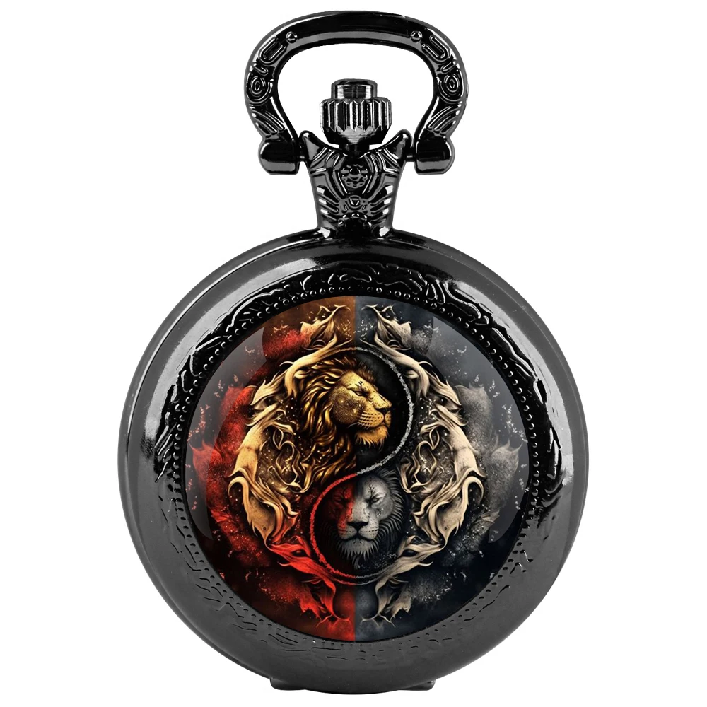 Domineering YinYang Lion Glass Dome Black Quartz Pocket Watch with Arabic Numerals Dial and Durable Chain Gift for Men Women