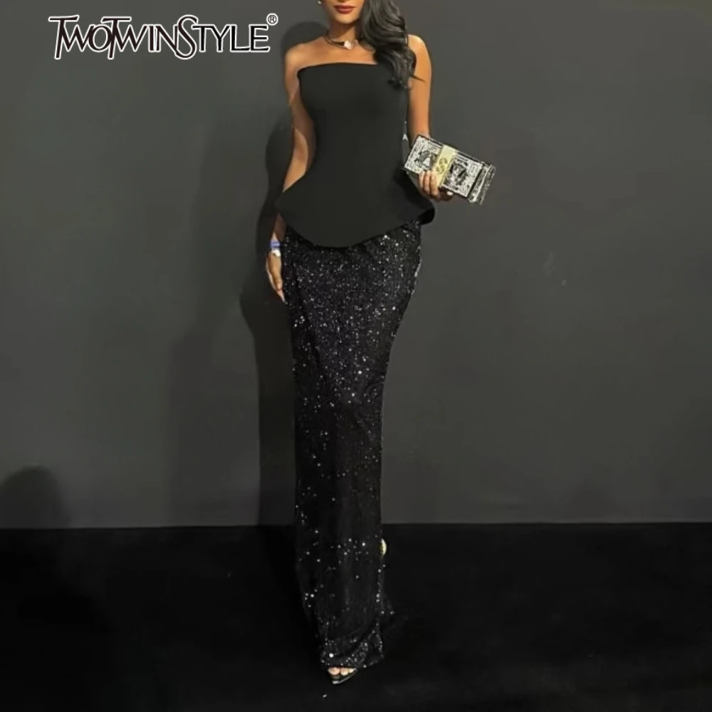 

TWOTWINSTYLE однотонные утягивающие модные комплекты из двух предметов для женщин, туника без бретелек без рукавов, топ, лоскутная юбка с блестками, женская новинка