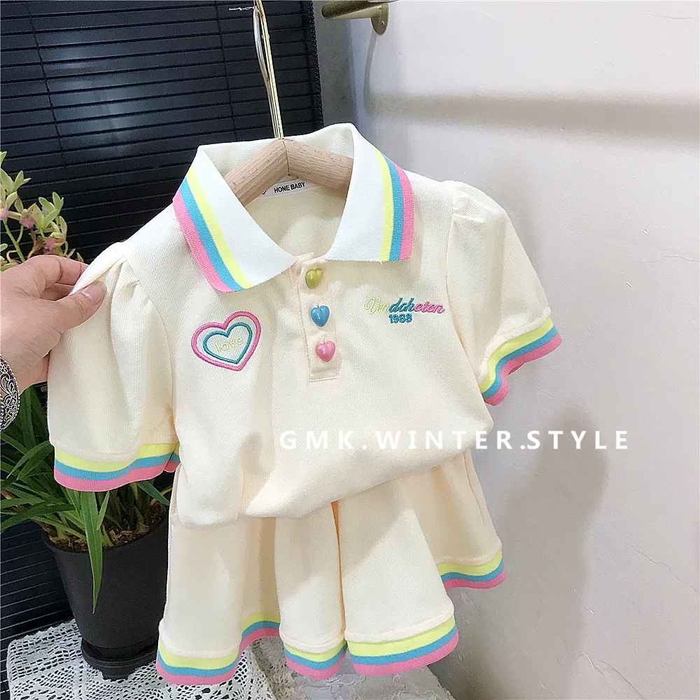 Summer Toddler Girl 2PCS Clothes Set Love Button Embroidery Letter Polo Shirt Loose Striped Contrast Hem Shorts Baby Girl Outfit