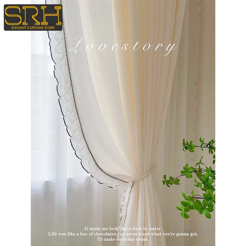 

French Suihe Cream White Gauze Blackout Curtain for Living Room Bedroom Custom Black Edge Double-layer Lace Window Decor Fabric