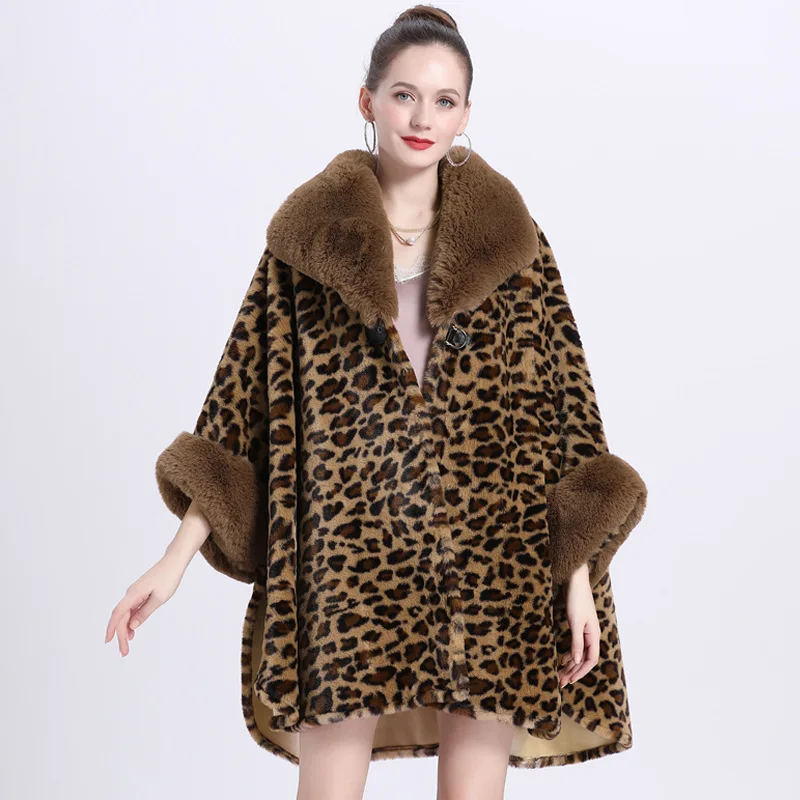 5 Cappotto da donna Cardigan Mantello invernale in pelliccia sintetica spessa Cappotto con collo a triangolo Manica a pipistrello Mantello poncho lungo caldo stampato leopardato