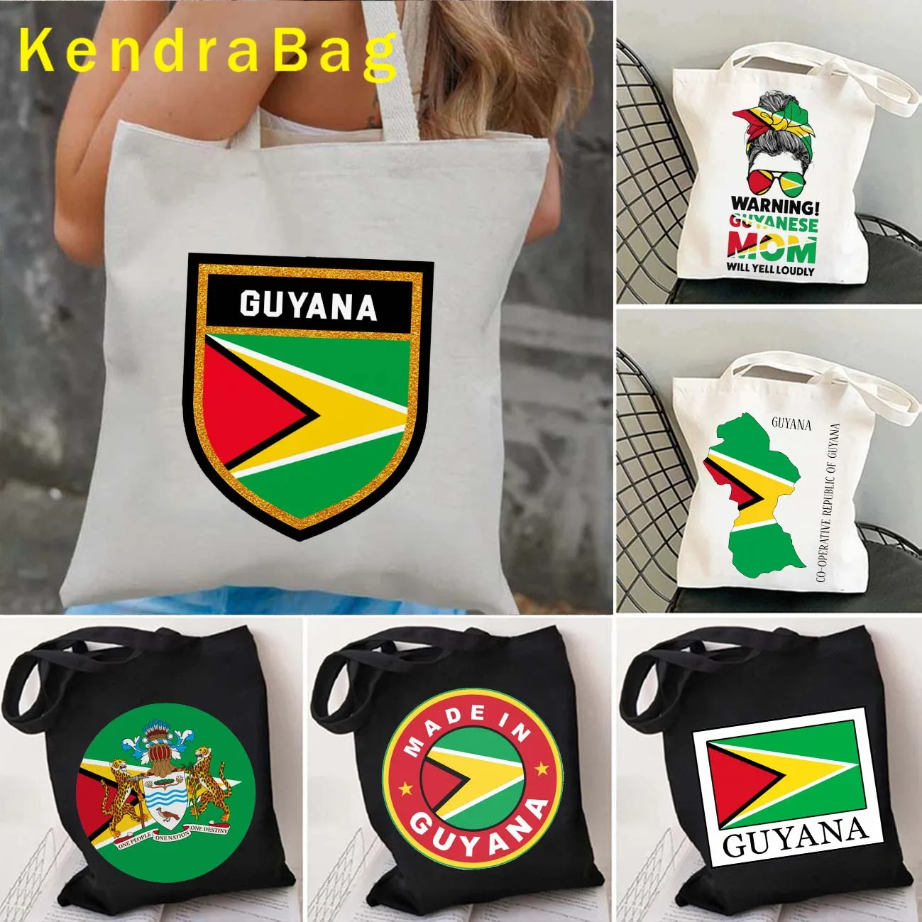 

Guyana Map Heart Guyanese Flag Coat of Arms Patriotic Gift Round Emblem Canvas Shoulder Tote Bag Harajuku Shopper Cotton Handbag