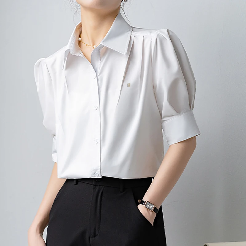 

CH White Minimalist Women's Shirt 2026 Summer New Design Unique Elegant Professional Commuter Short-Sleeve Chiffon Blouse