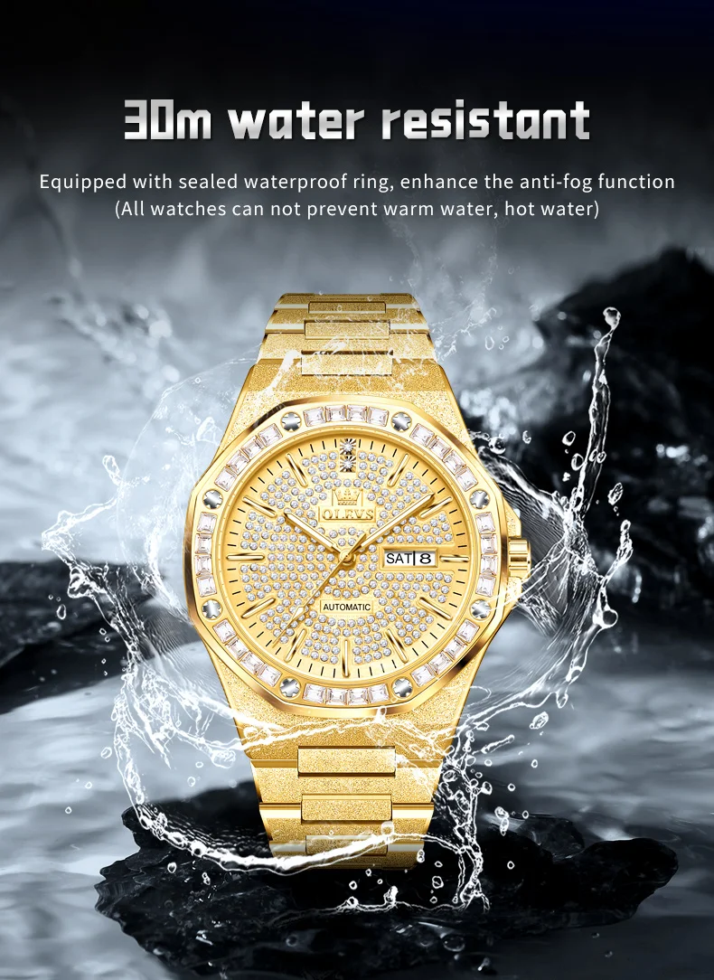 OLEVS 9803 Voll Diamantbesetzte Automatische Mechanische Uhren für Herren Luxus Edelstahl Wasserdicht Doppelkalender Business Herrenuhr – Detail 12