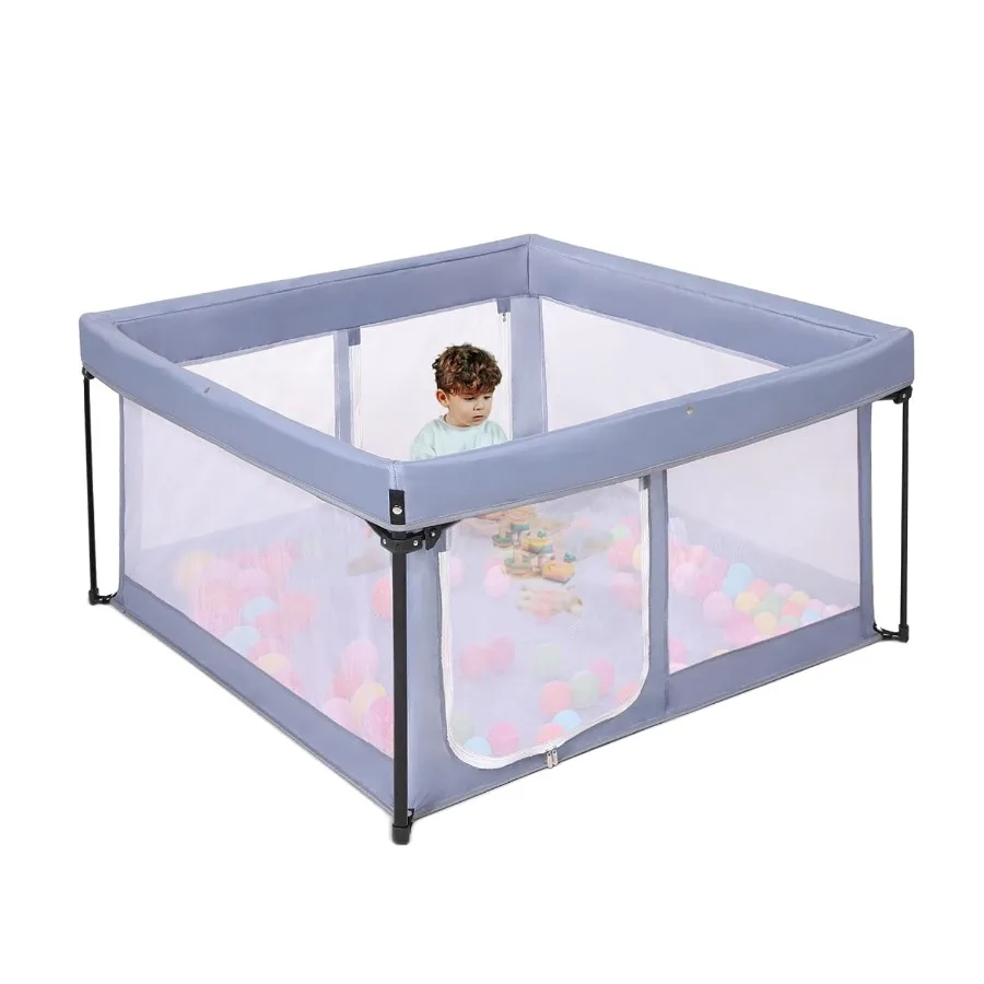 Box portatile per bambini con pavimento imbottito, cortile da gioco pieghevole per neonati e bambini piccoli, recinzione per interni ed esterni, grigio chiaro 50" x 50