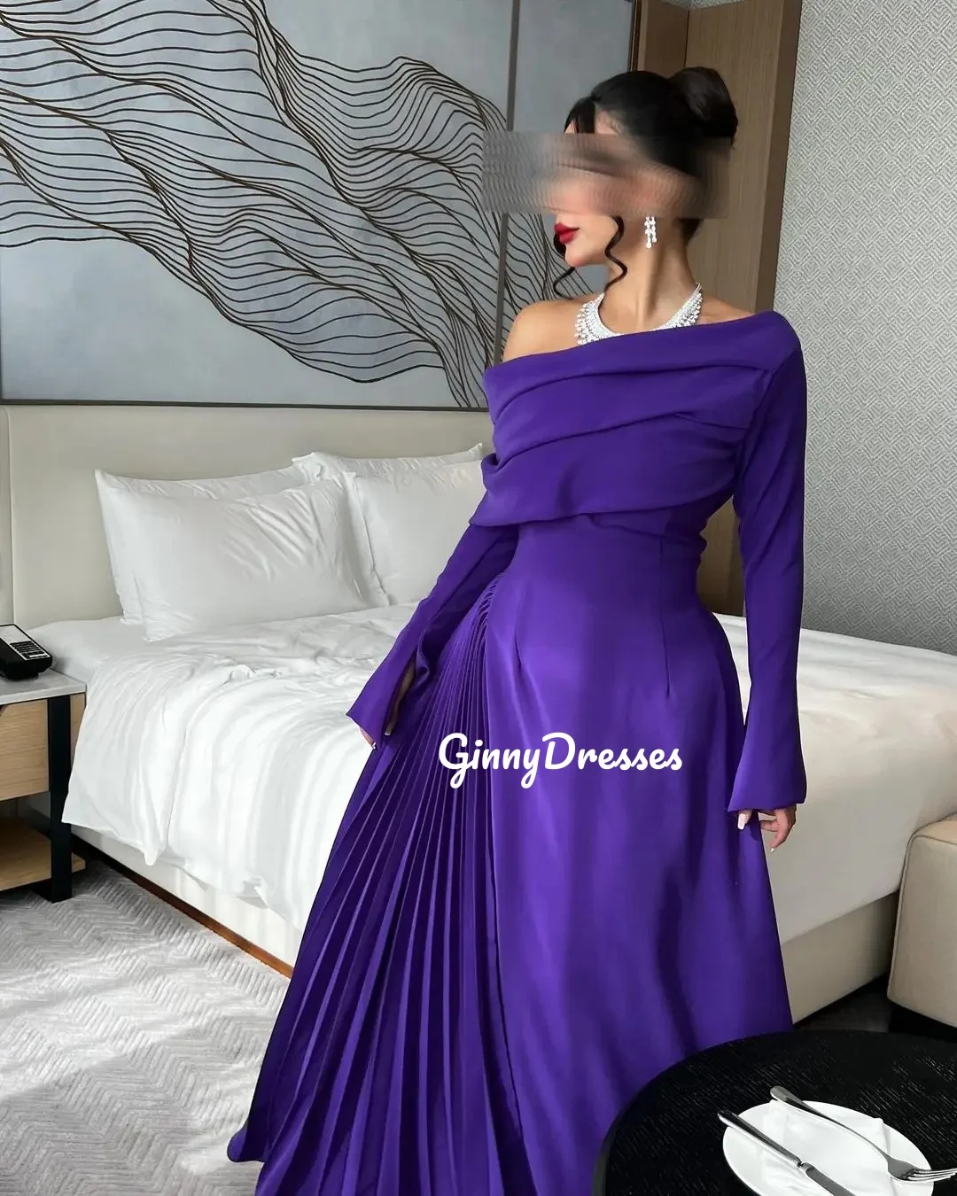 Customized Vestidos De Fiesta Dia A-Line Off-The-Shoulder Neckline Floor-Length Evening Dress Ruffle Long Sleeves Zipper Up Dres