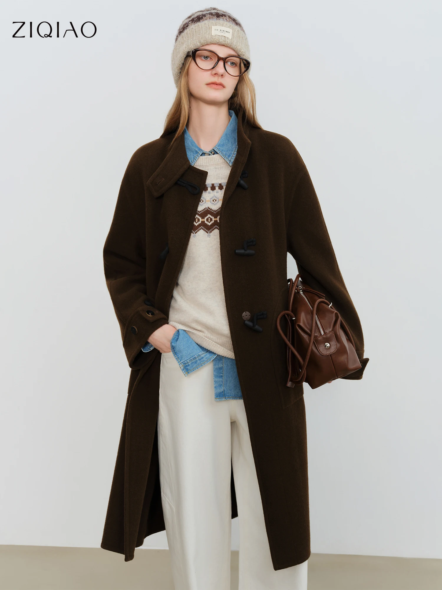 ZIQIAO Crafty Studio Wool Coat for Petite Women with Horn Buttons, Standing Collar, and Double-Faced Design 2025 New Collection