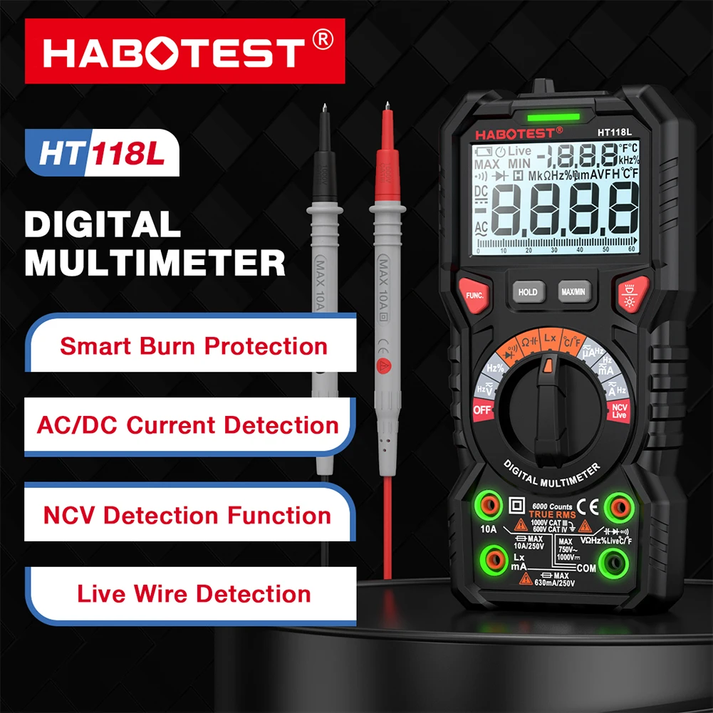 

HABOTEST HT118L Digital Multimeter 6000 Counts DC/AC Ammeter Voltmeter True RMS NCV HZ Ohm Capacitance Meter Electrical Tester