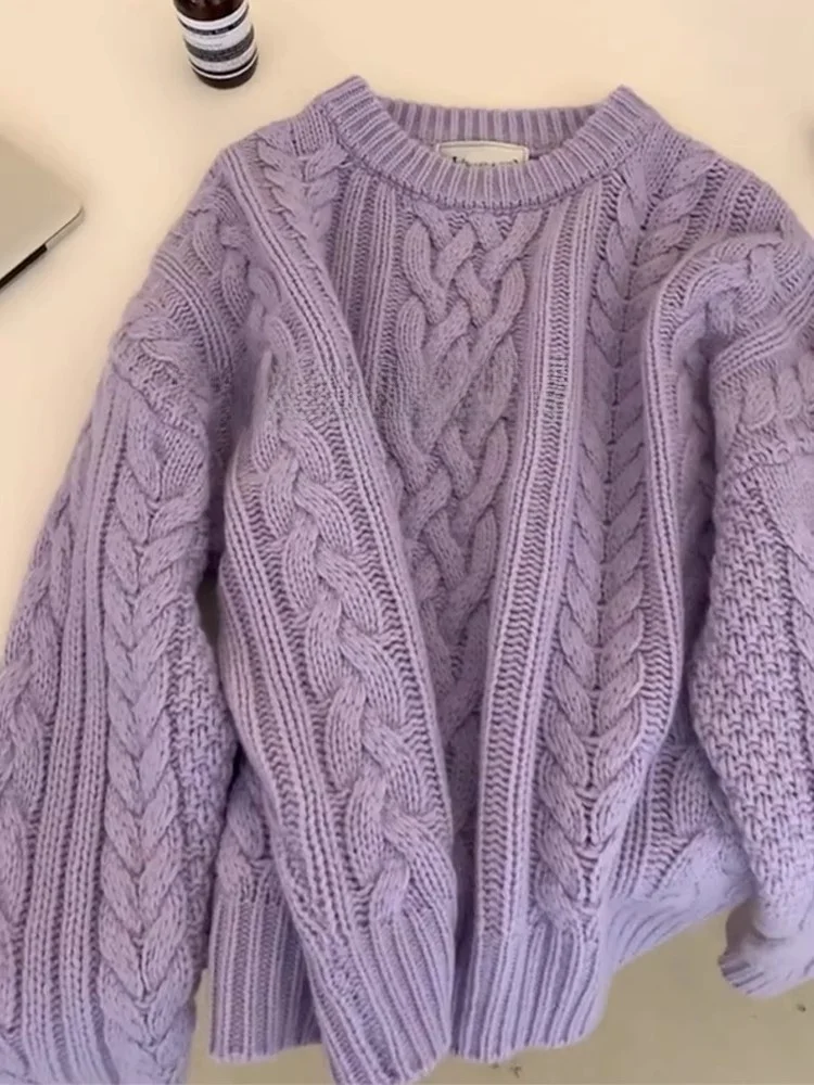 سترة محبوكة بنفسجية اللون للنساء، تصميم سميك للخريف والشتاء، نمط فضفاض وكسول، أكمام طويلة، ياقة مستديرة، بلوفر محبوك #5