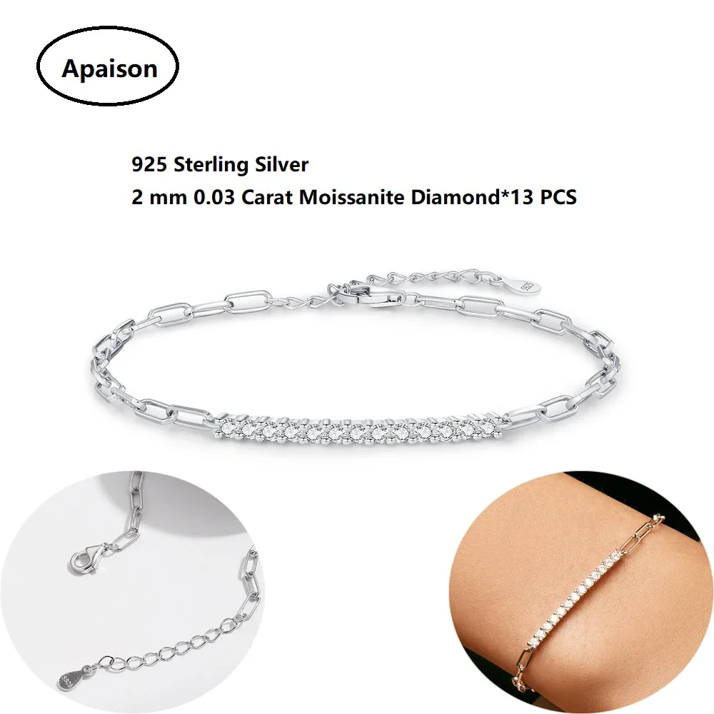 

Apaison Full 2 mm 0.03 ct Moissanite Exquisite Chain Bracelets For Women 925 Sterling Silver Adjustable Link Chain Jewelry Gift