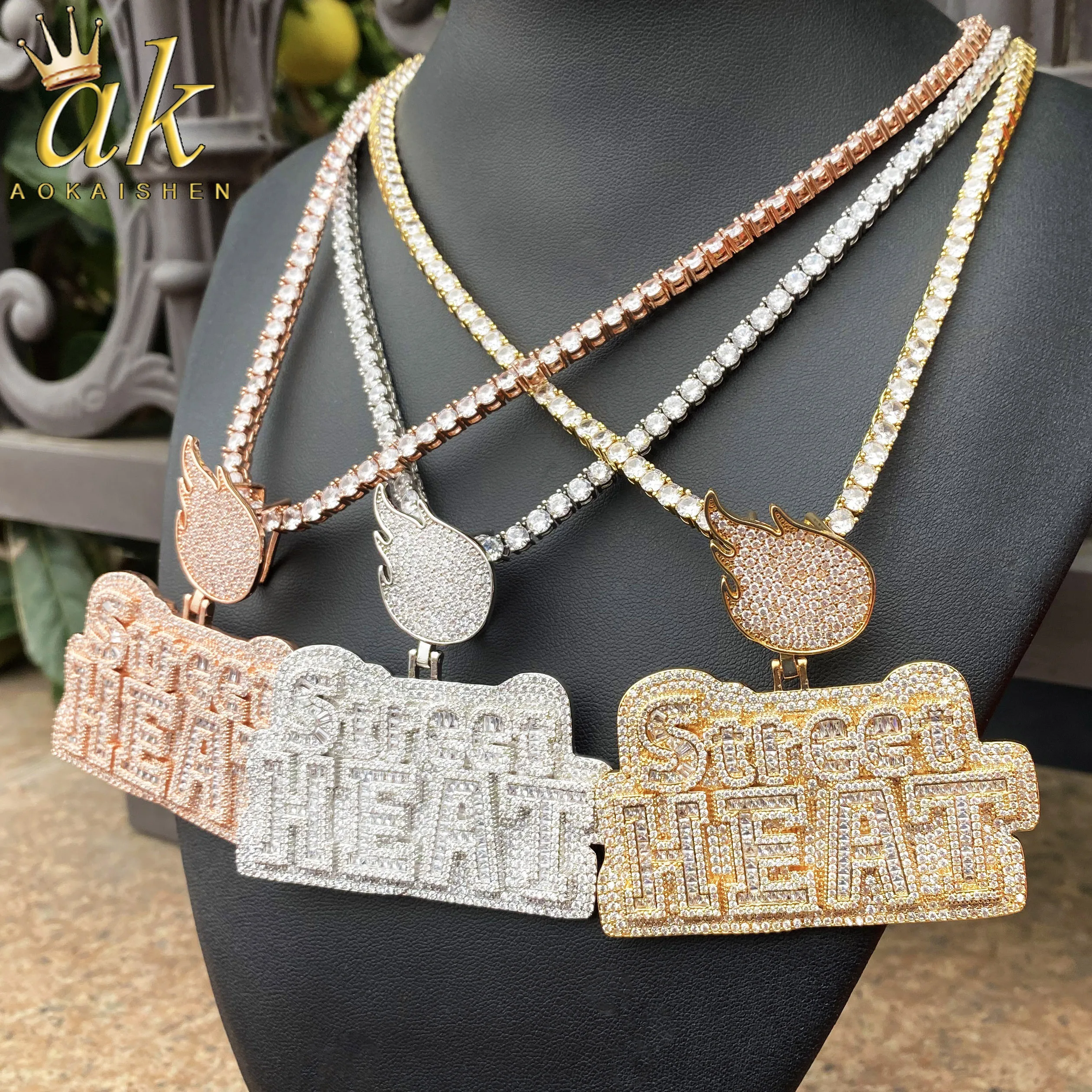 

Aokaishen Iced Out Street Heat ожерелье кулон для мужчин Micro Pave Fire Bail настоящее позолоченное ювелирное изделие в стиле хип-хоп