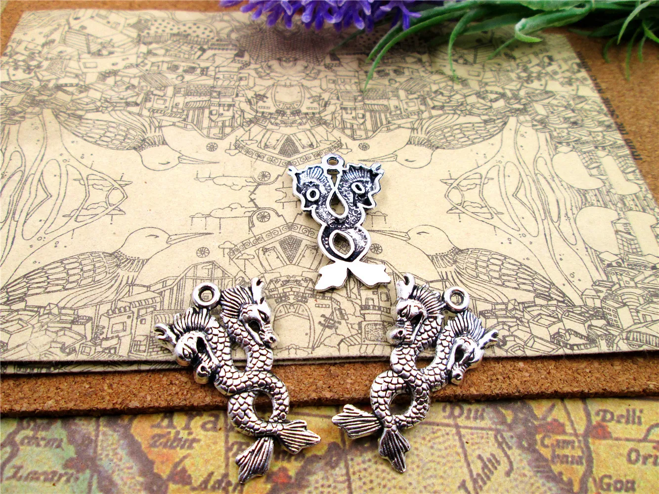 

40pcs--21*35mm One Side Long Double Dragon Charms For Jewelry Making DIY Findings Antique Silver Color Alloy Pendants