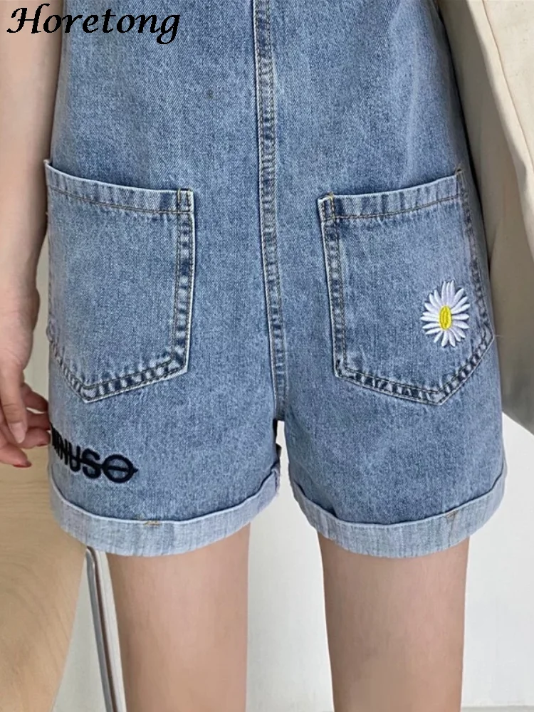 Horetong-Letter Flower Embroidery Denim Shorts for Women, Loose Rompers Thin Wide Leg Pants,Casual Summer Jumpsuit Korean Fashio