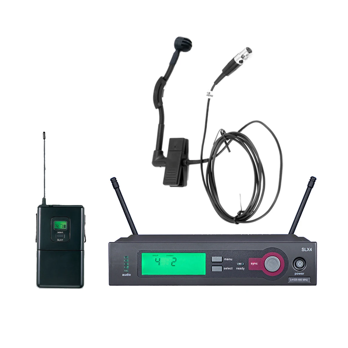

E980 SLX Wireless Microphone System with SLX4 Receiver And SLX1 BodyPack Gooseneck Light Instrument Microphone Live Performances