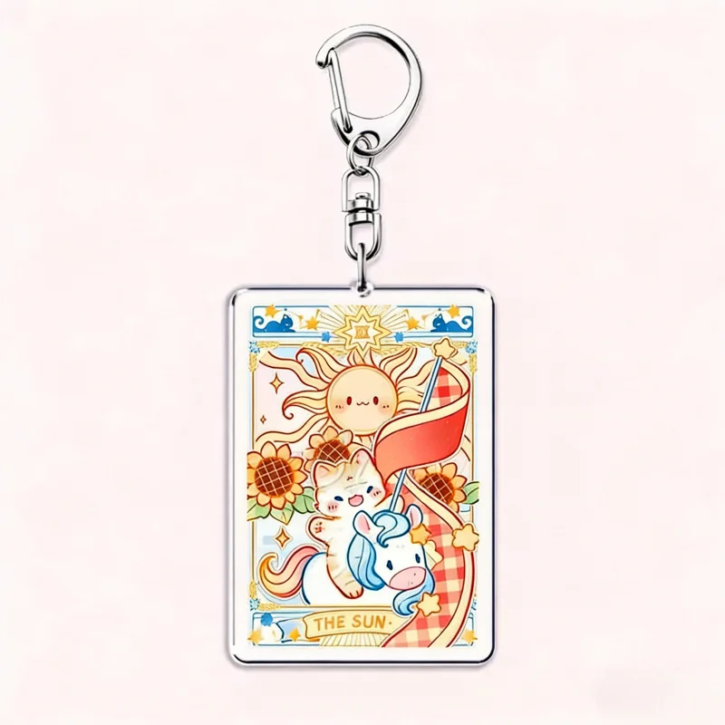 Cute Cat Tarot Card Keychain Acrylic Key Ring Holder Bag Charm Pendant Cartoon Anime The Moon Sun Fool Justice Accessories Gift