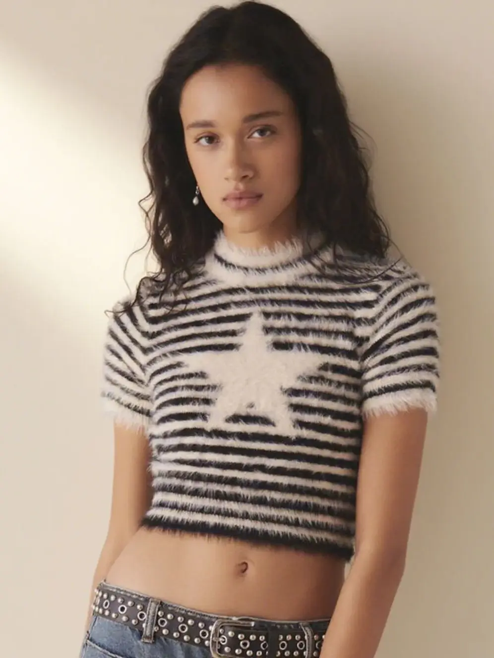 

Women's Casual Fur Top American Fashion Star Stripes Knitted round Neck Short Sleeve Exposed Navel Versatile Campus Wear