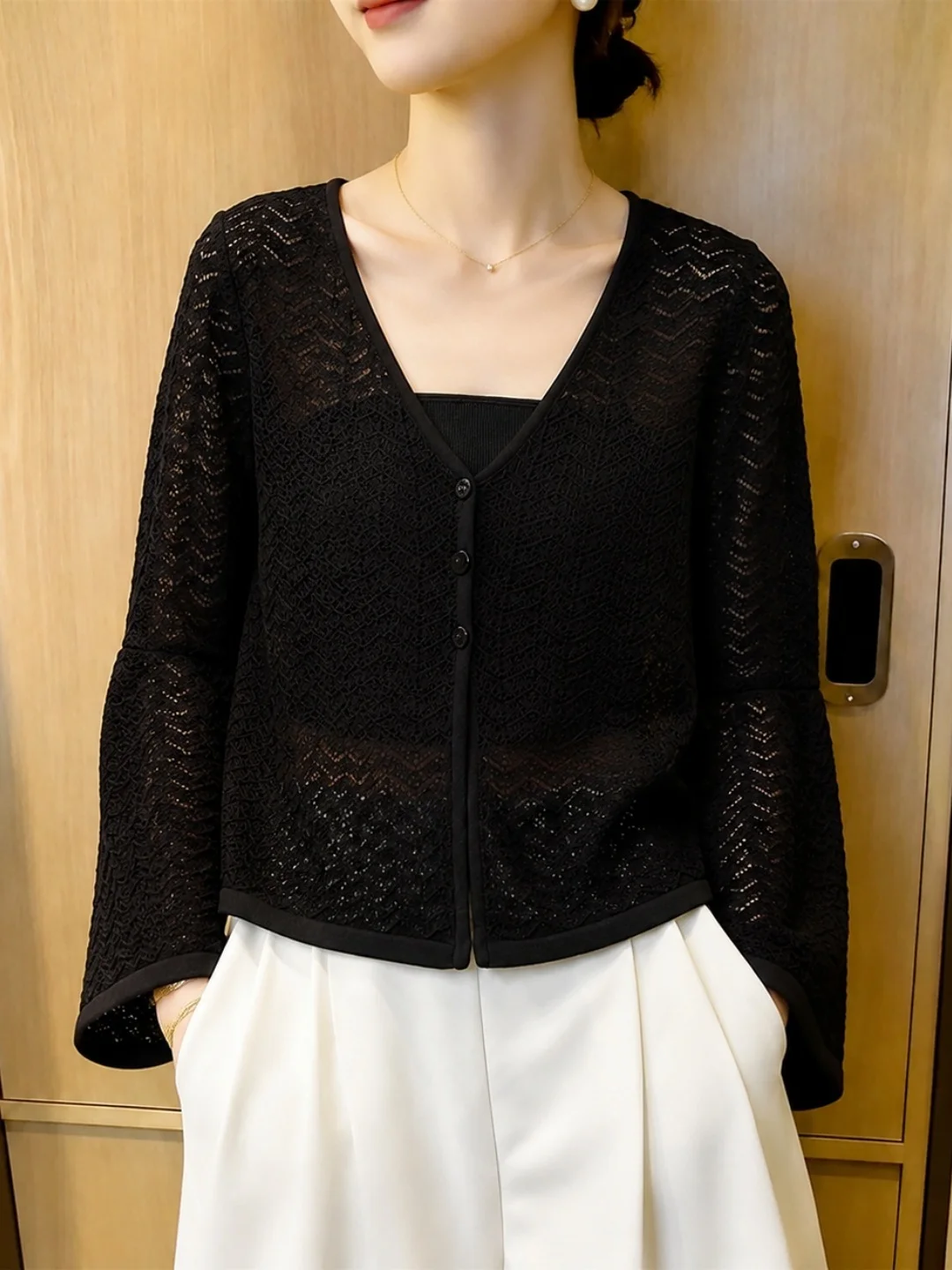 Laid-back Style Long Sleeve Knitted V-neck Hollow out Single Button Design Fashionable Versatile Summer Top for Women