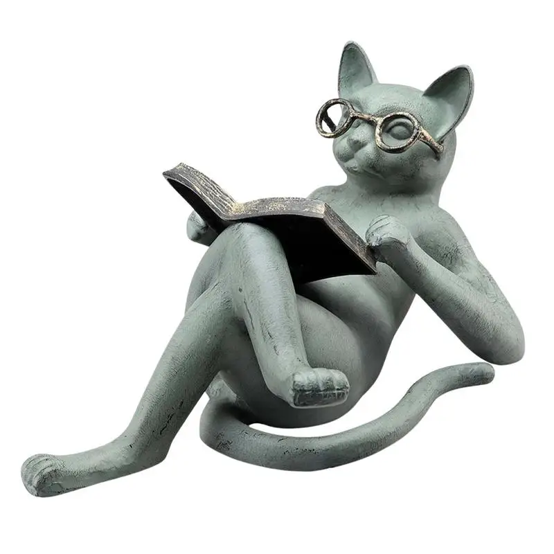 1 Pcs Resin Literary Cat Statue And Sculpture Creative Crafts Lying Cat Reading Book With Glasses Garden lawn Crafts Ornament