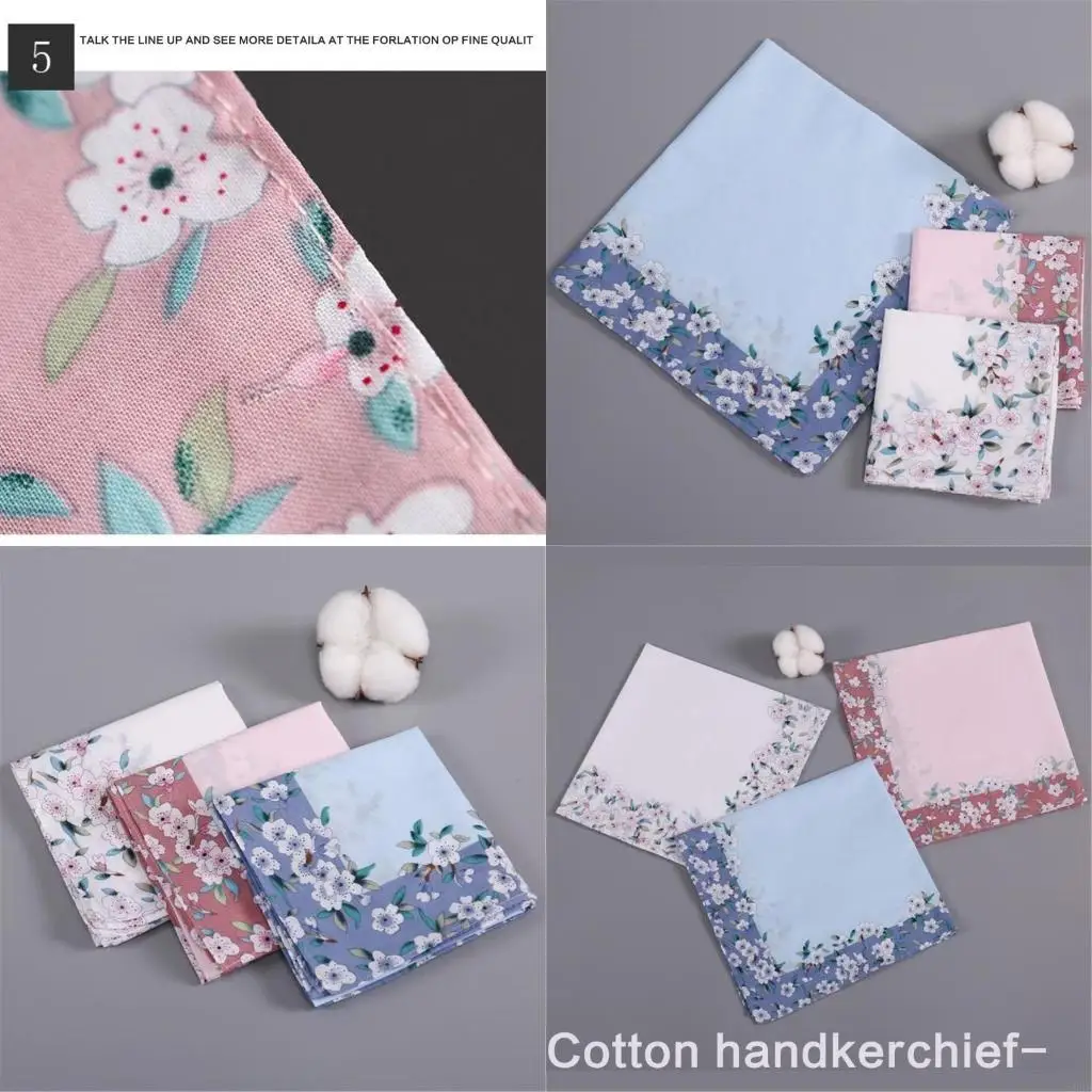 L9BE Elegant Cotton Handkerchief with Flower Pinted Hanky Soft and Absorbent