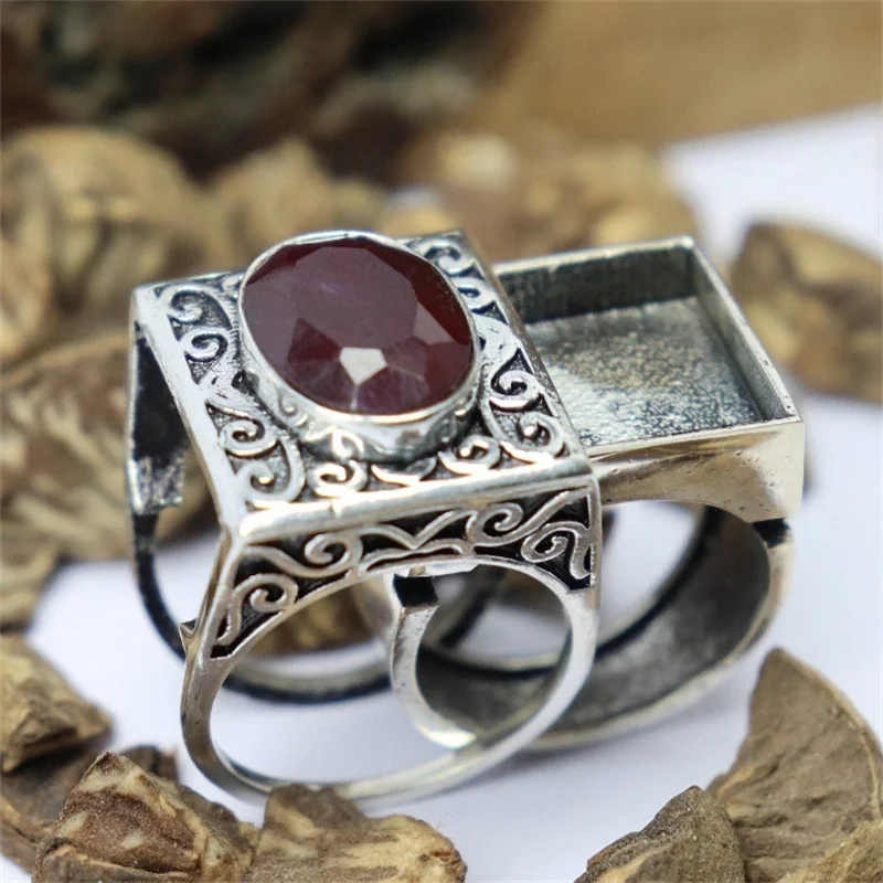 Dazzling Vintage Silver Color Round Men Rings Set Fashion Red Stones Party Bridal Ring Jewelry