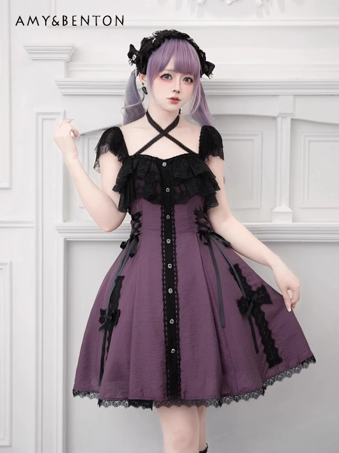 

Gothic Dark Mine Series Lace Flying Sleeve High Waist Slim Jsk Dress Subculture Lolita Cross Print Mini Dress Women Summer New