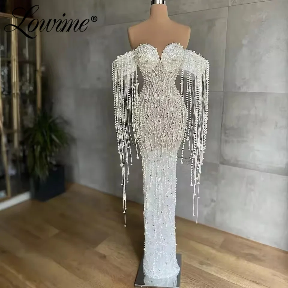 

Платье с жемчугом и бисером, длинные вечерние платья с кисточками, кружевные вечерние платья с открытыми плечами по индивидуальному заказу для женщин, арабское платье для выпускного вечера, халаты