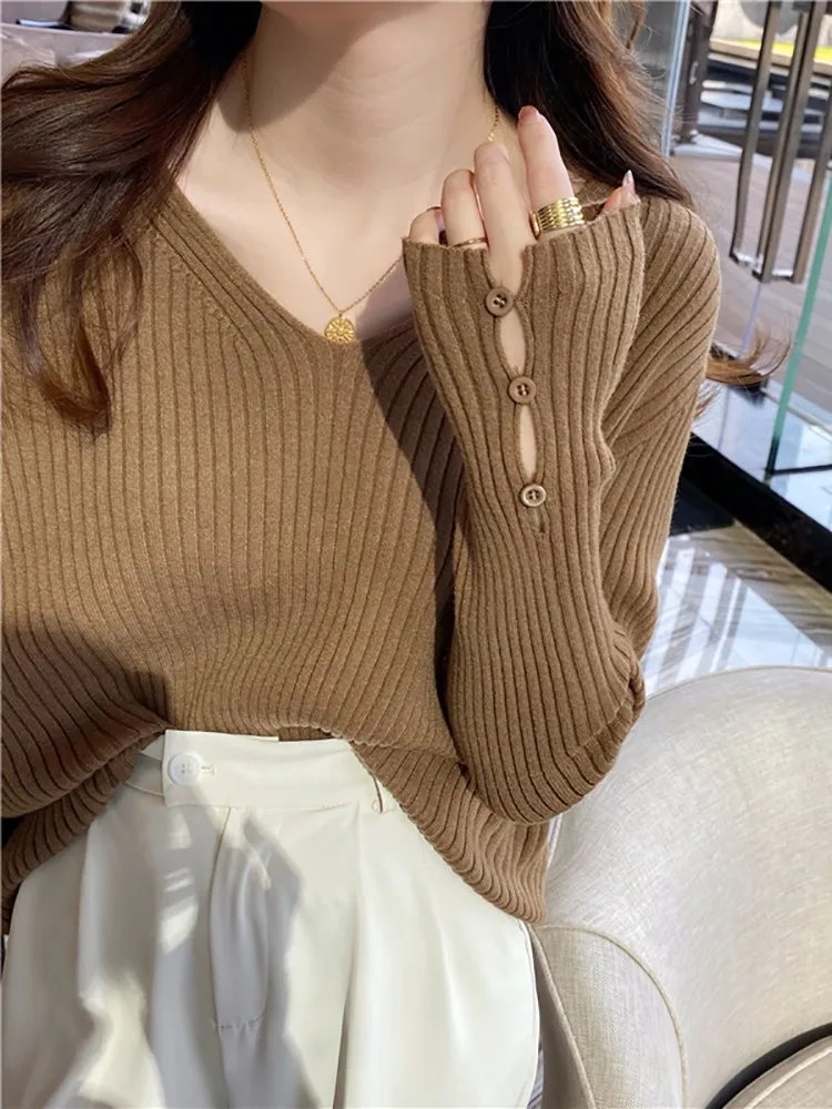 Autumn Winter Women Sweaters Long Sleeve Knitted V Neck Button Pullover Sweater Femme Basic Solid Jersey Tops Fashion Clothes