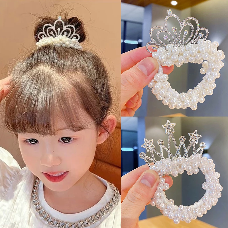 Elastic Rubber Hair Bands for Children, Pearl Crown, Cute Hair Rope, Ties Headdress, Princess Hair Styling Acessórios, Fashion