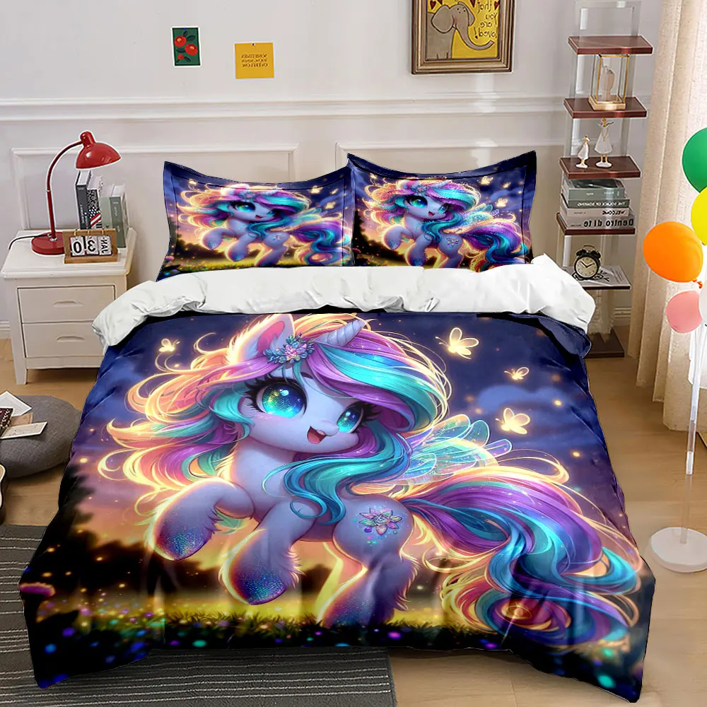 Enchanted glowing unicorn flying at night Printed Duvet Cover Set1 Duvet Cover+2 PillowcaseMulti Size Bedroom Bedding Decor