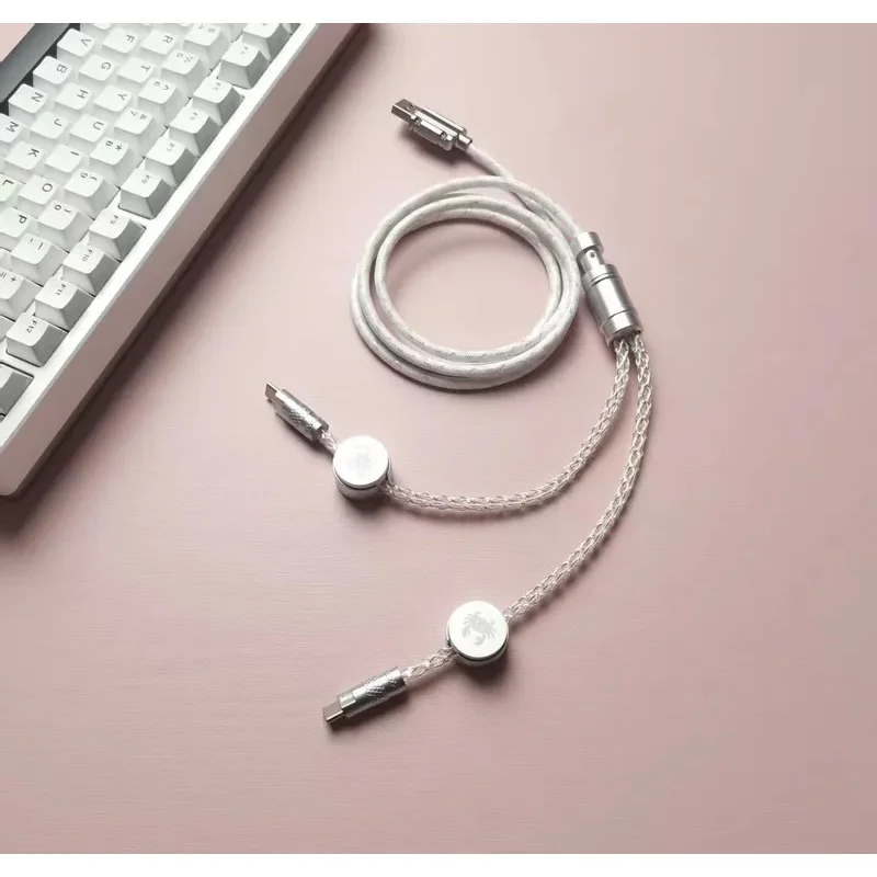2-in-1 8K RGB Glowing Coiled USB-C Aviator Cable, Braided 8-Strand Silver-Plated Copper Gaming Wire, 150cm Aluminum Connector