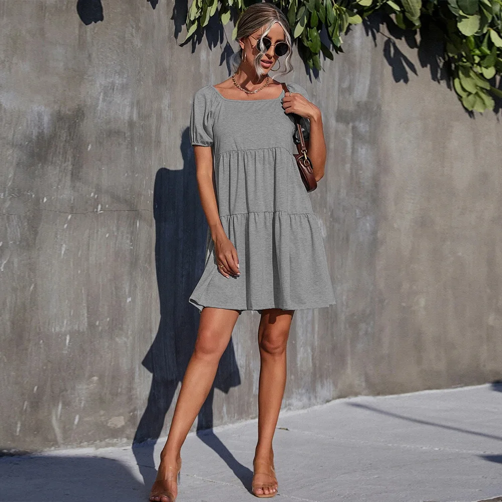 Women Simple Solid Color Knit Square Neck Dress Elegant New Custom