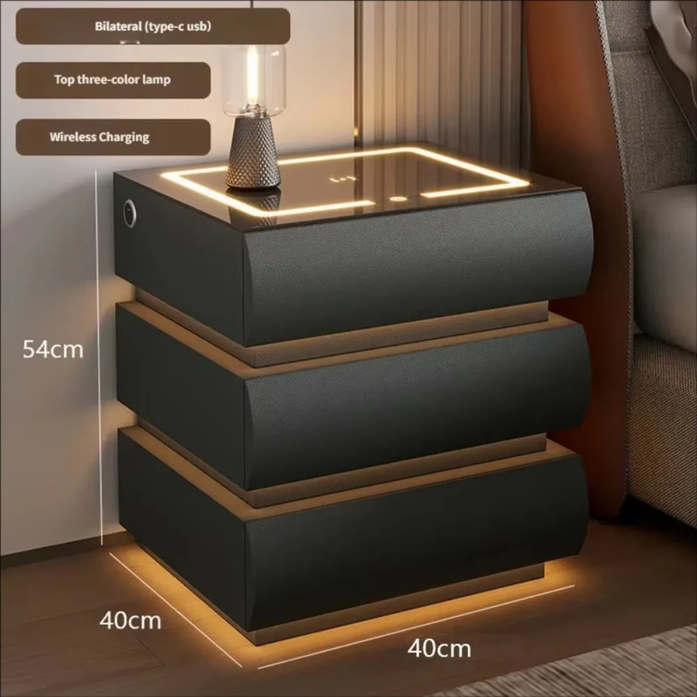 Modern Minimalist Multifunctional Wireless Charging Password Lock Three-Color Light Wooden Bedside Table Bedroom Furniture Home