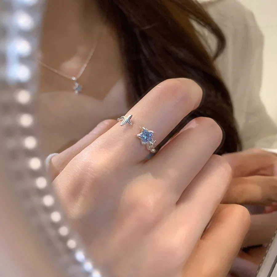 PANJBJ 925 Sterling Silber Sterne-Ring für Damen, blauer Kristall, offener Ring, süße Romantik, unregelmäßiger, vielseitiger Schmuck, Geschenk, Dropshipping – Detail 9