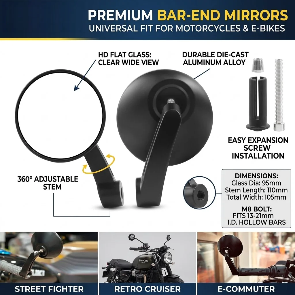Universal M8 Round Motorcycle Handlebar Mirrors, HD Flat White Glass Rear View Mirrors, Compatible with Motorcycles & E-Bikes, P