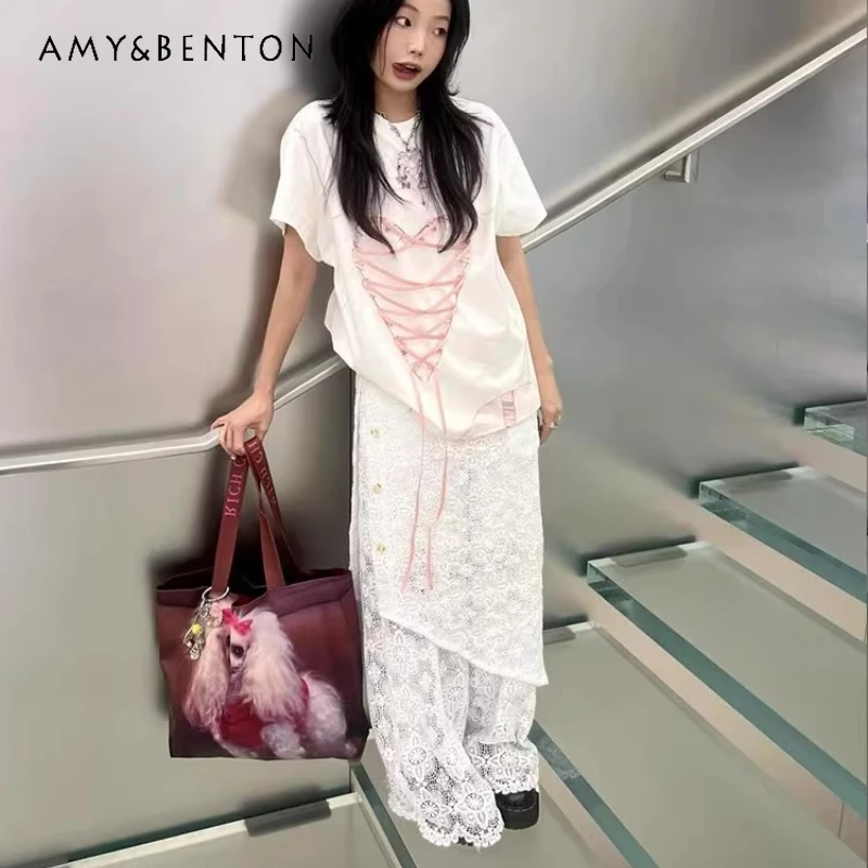 

Korean Retro White Hollow Out Lace Fake Two-Piece Women's Skirt Pants Autumn New Versatile Slimming Design Casual Pants Ladies