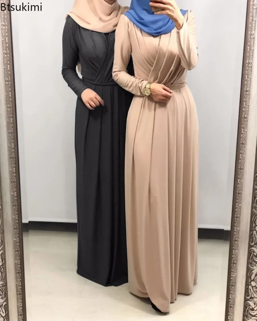 Elegant Pleated Dress for Women Muslim Fashion Abayas New V-neck Solid Lace-up High Waist A-Line Maxi Dress Robe De Soiree Luxe