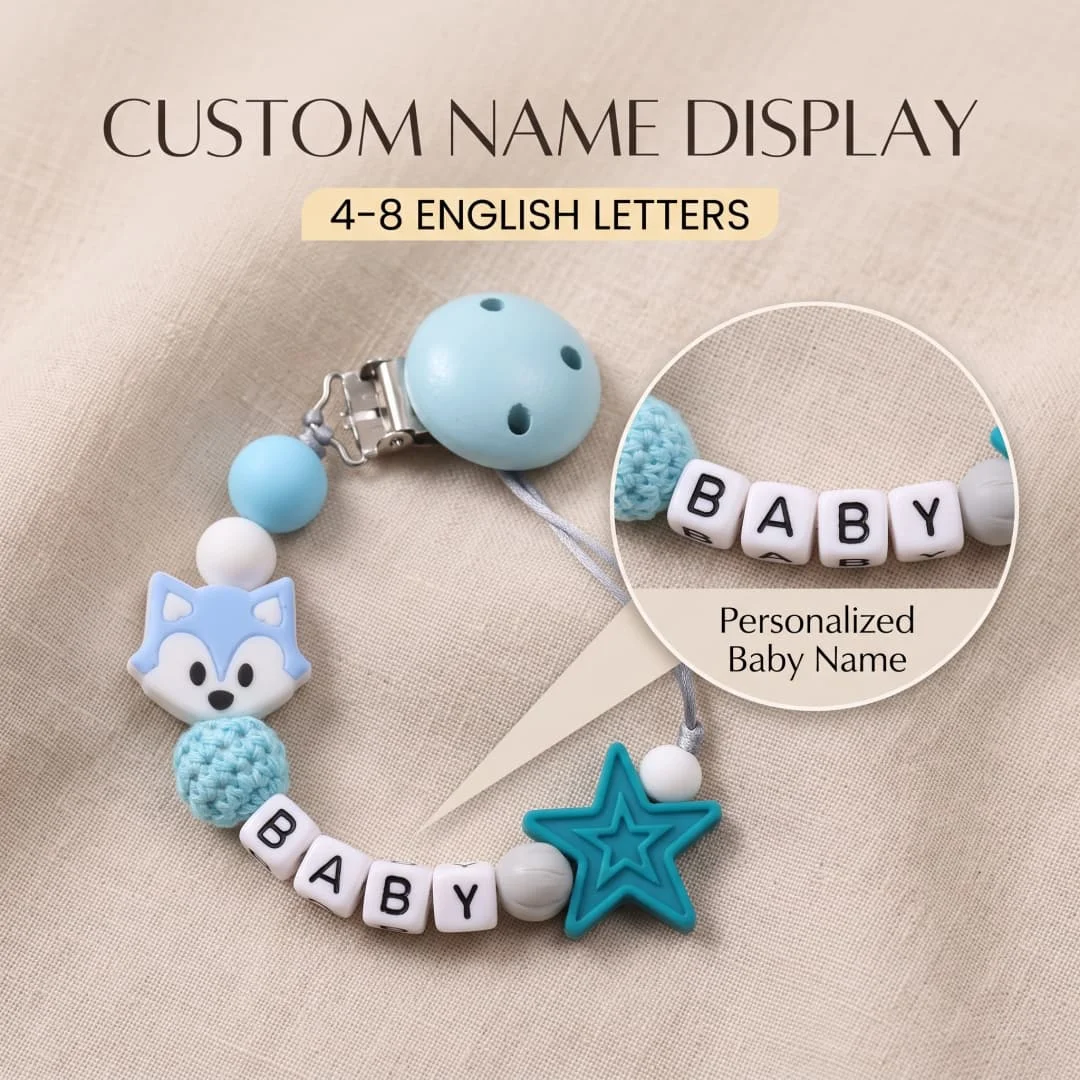 Personalized Fox Pacifier Clip BPA Free Food Grade Silicone Star Teether Holder Custom Name Handmade Dummy Chain Baby Gift