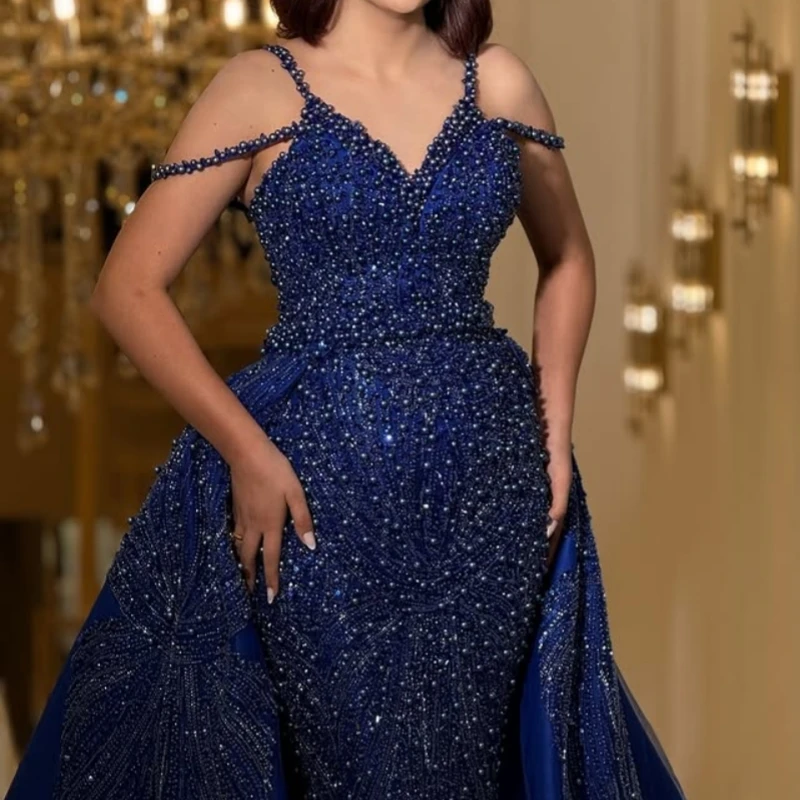 

customized Shiny dark blue Dresses High Low Cheap Dress Formal Party Prom crystal pearl Tull Gowns Wear Gown