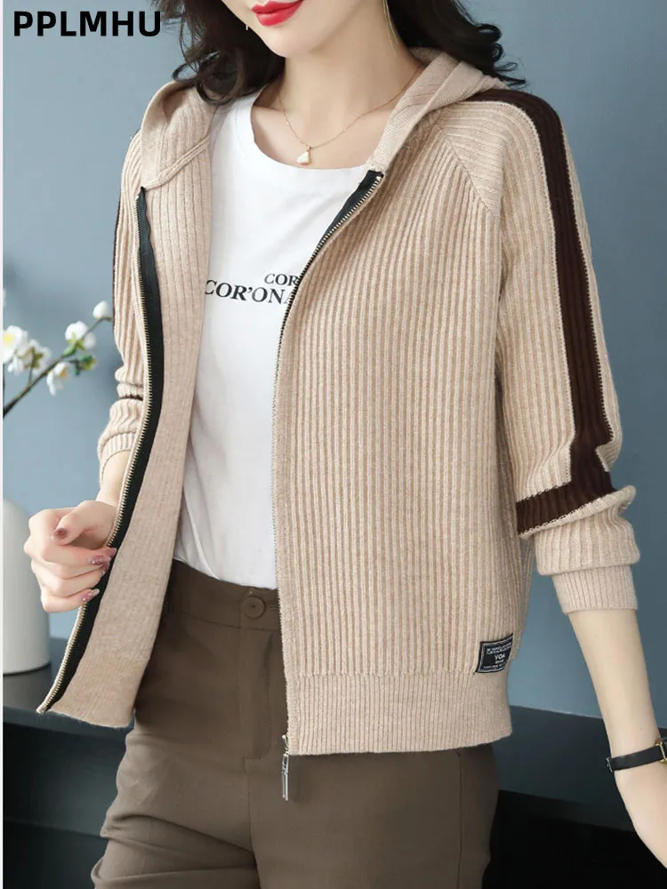 

Contrasting Color Hooded Cardigan Sweater Women's Casual Korean Fashion Knitted Top Soft Baggy Long Sleeved Knitwear Sueter