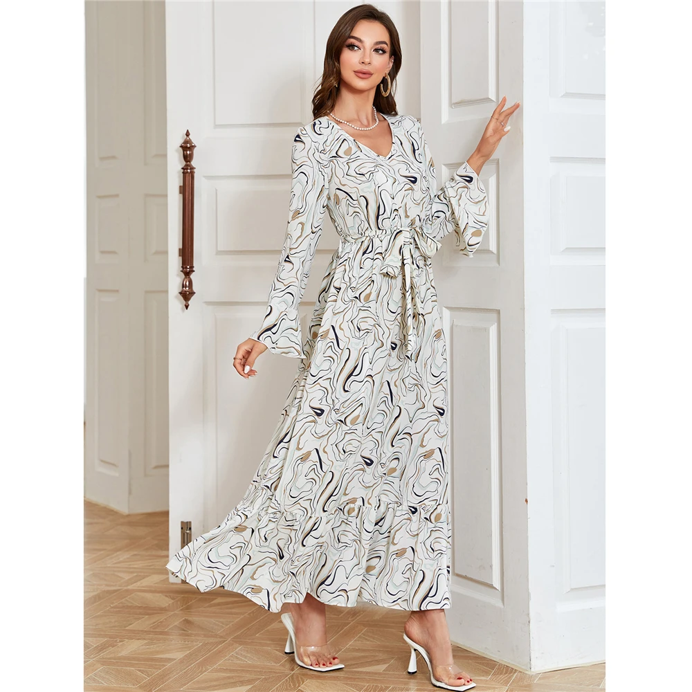 

Muslim Abaya Print Ruffles Kaftan Women Flare Sleeve V Neck Maxi Dress Bohemian Summer Holiday Party Sundress Gown Robe Caftan