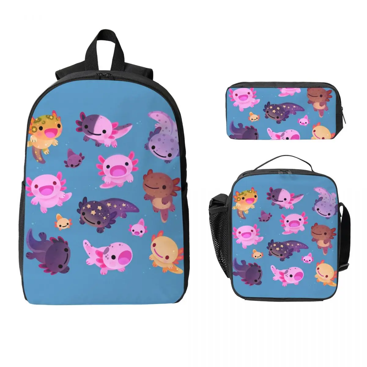 

Happy Axolotl - Blue Backpack Student Boys Girls BookBag School Bag Computer Shoulder Bags 3ps Insulated Lunch Bag Pencil Case