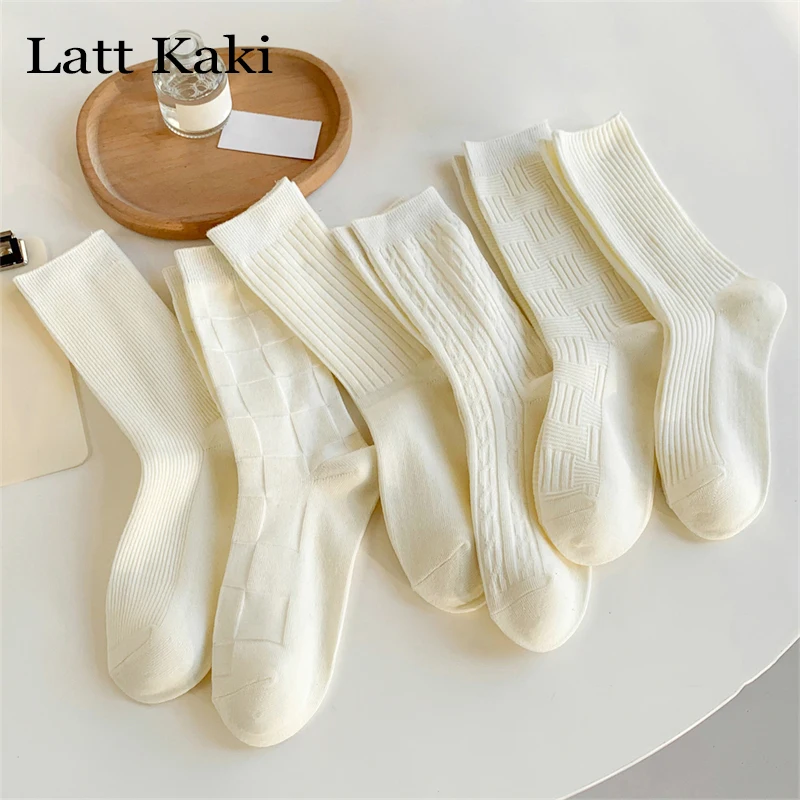 

6 Pairs Socks For Women Spring New Simple Striped Crew Socks Set Cotton Preppy Style Girls Trend Casual White Socks Solid Color